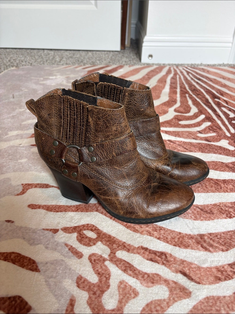 Women's BOC Brown Leather Ankle Boots with Western-Inspired Harness size 7